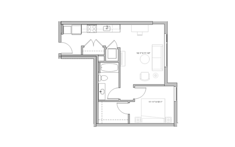 floor plan of the first floor of an apartment with bedroom and living room and kitchen